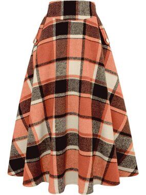 Women's Orange Plaid Fall Winter High Waisted Wool Plaid A-line Long Maxi Skirt